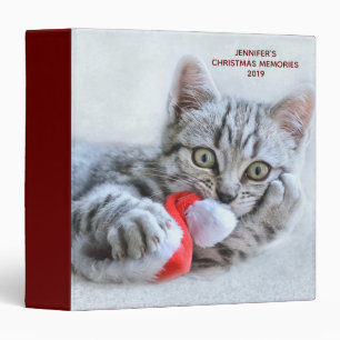 Cute Grey Tabby Cat w/ Christmas Hat Xmas Binder