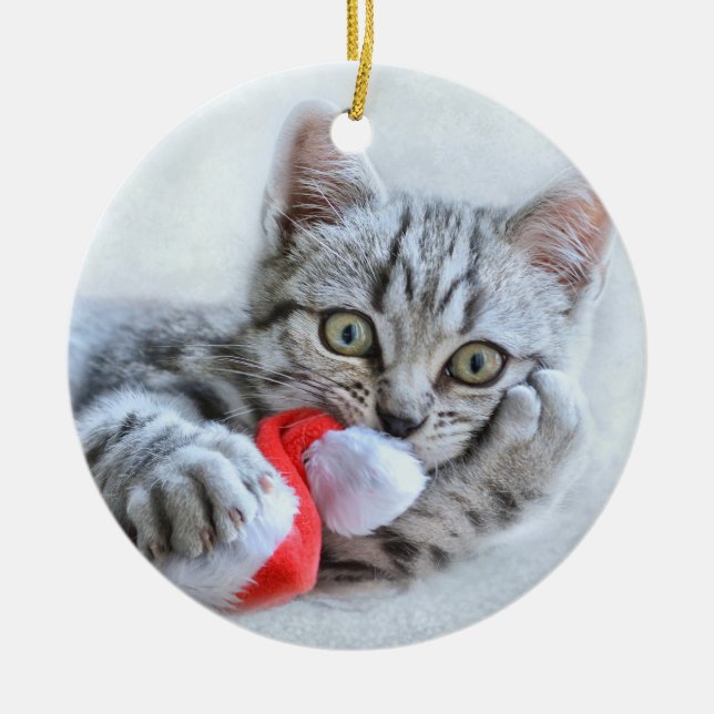 Cute Grey Tabby Cat w/ Christmas Hat Xmas Ceramic Ornament (Front)