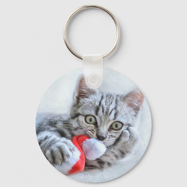 Cute Grey Tabby Cat w/ Christmas Hat Xmas Keychain (Front)