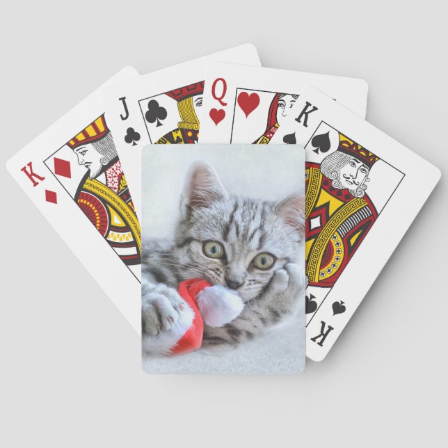 Cute Grey Tabby Cat w/ Christmas Hat Xmas Playing Cards (Back)
