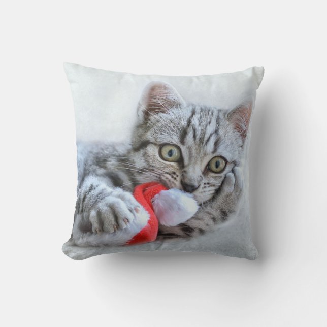 Cute Grey Tabby Cat w/ Christmas Hat Xmas Throw Pillow (Front)