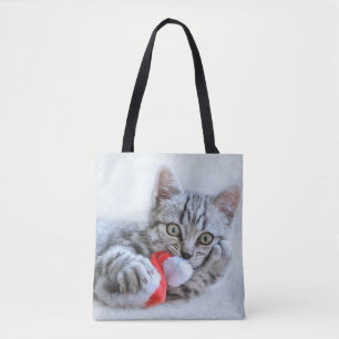 Cute Grey Tabby Cat w/ Christmas Hat Xmas Tote Bag