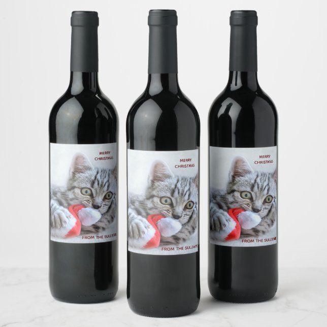 Cute Grey Tabby Cat w/ Christmas Hat Xmas Wine Label (Bottles)