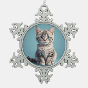 Cute grey tabby kitten snowflake pewter christmas ornament