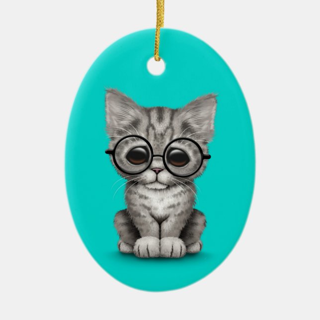 Cute Grey Tabby Kitten with Eye Glasses blue Ceramic Ornament (Front)