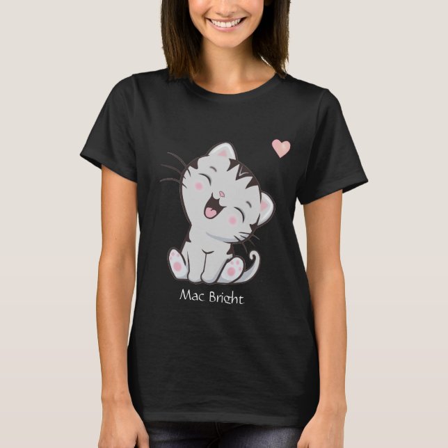 Cute Grey Tabby Kitty Cat & Heart T-Shirt (Front)