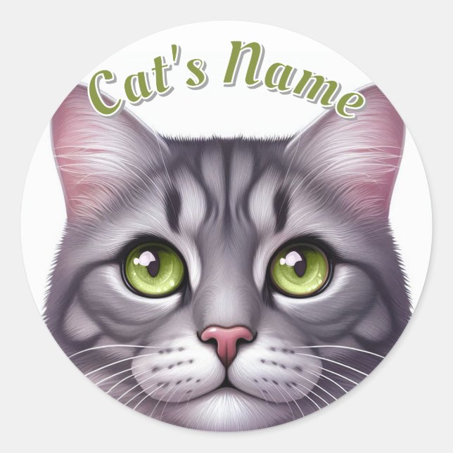 Cute Grey Tabby Shorthaired Cat • Personalized Classic Round Sticker (Front)