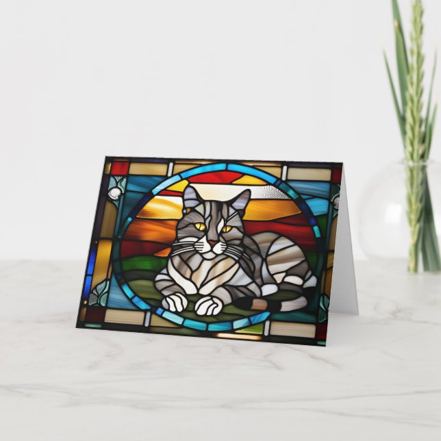 Cute Grey Tabby Stained Glass Card (Front)