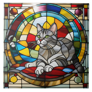Cute Grey Tabby Stained Glass Decorative Tile