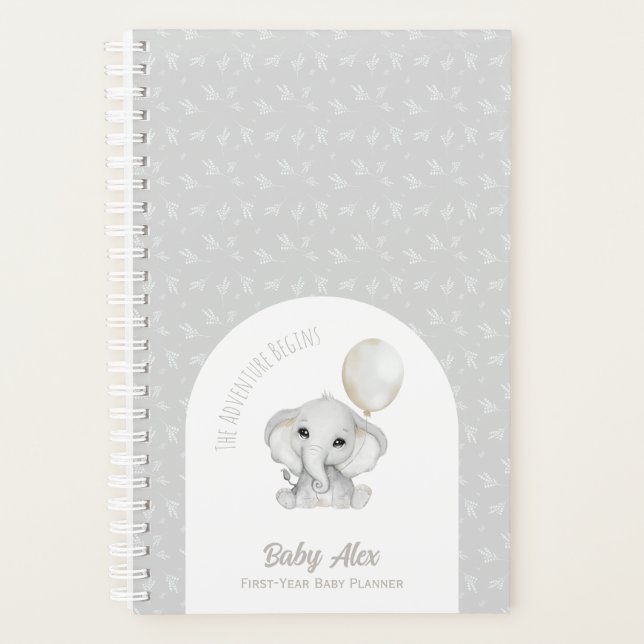 Cute Grey Watercolor Elephant With Balloon Baby Planner (Front)