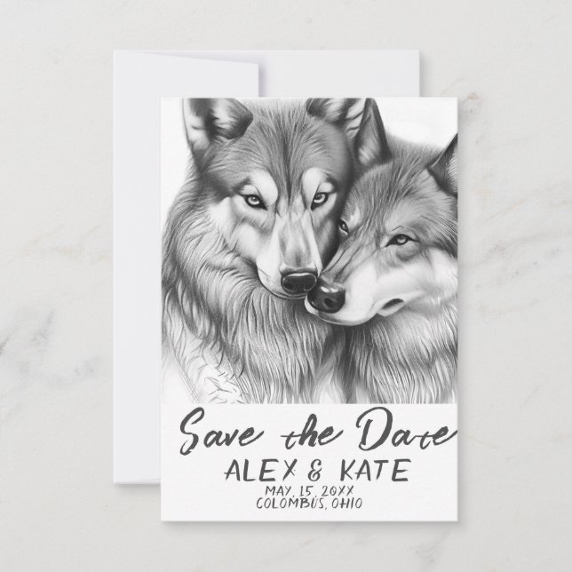 Cute Grey Wolf Wedding Save the Date Announcement (Front)