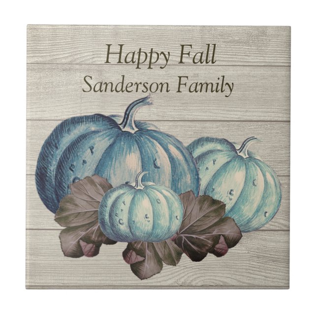 Cute  Grey Wood Autumn Fall  Blue Pumpkin  Ceramic Tile (Front)