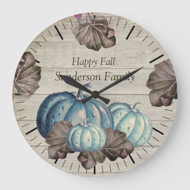Cute  Grey Wood Autumn Fall  Blue Pumpkin  Large C Large Clock (Front)