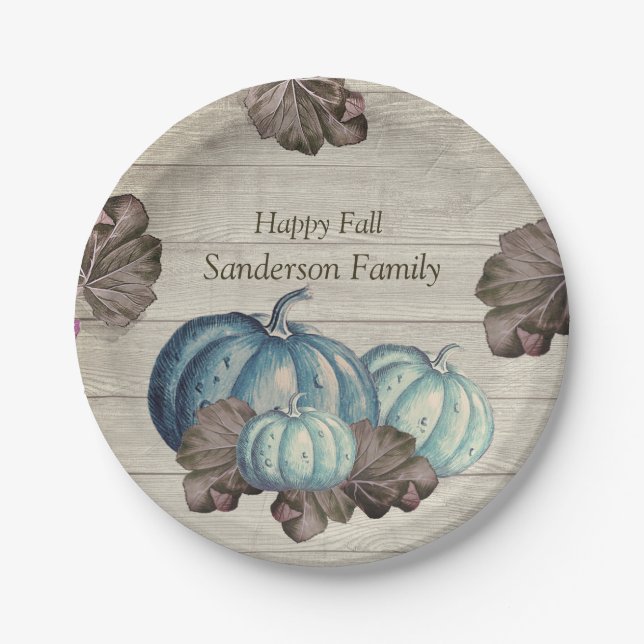 Cute  Grey Wood Autumn Fall  Blue Pumpkin  Paper P Paper Plate (Front)