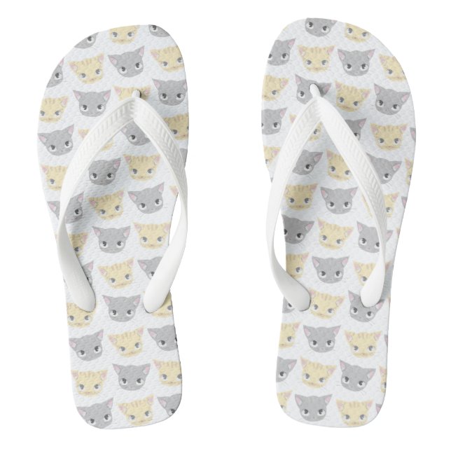 Cute Grey & Yellow Kitten Face Pattern Flip Flops (Footbed)