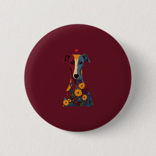 Cute Greyhound Whippet Floral Portrait Red Heart  2 Inch Round Button