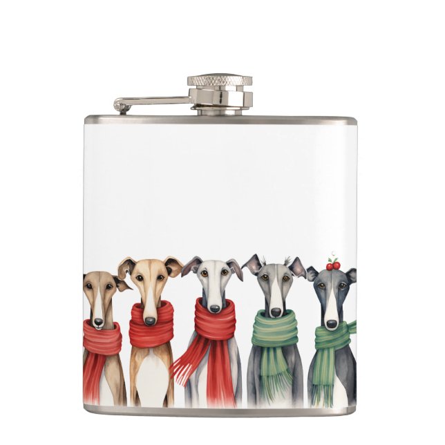 Cute Greyhounds and Whippets | Dogs in Scarves Hip Flask (Front)