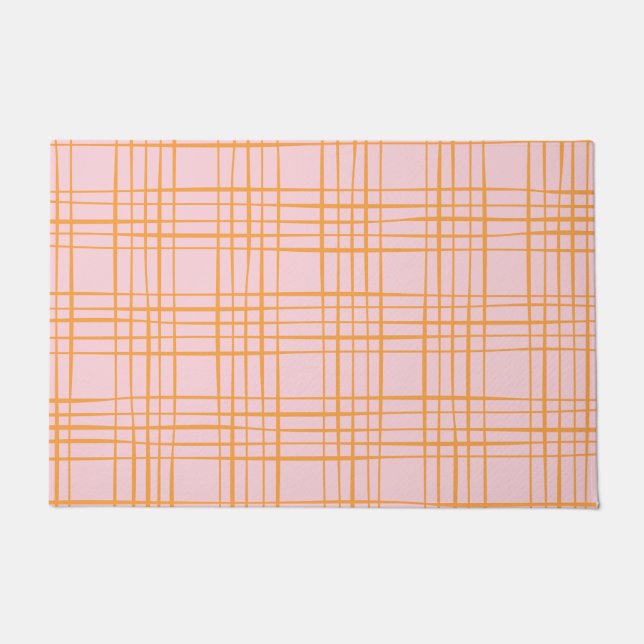 Cute Grid Lines Pattern Pastel Pink and Orange Doormat (Front)