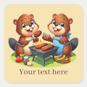 Cute grilling beaver add text  square sticker