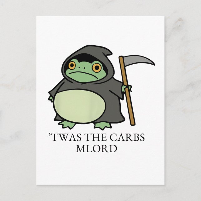 Cute Grim Reaper Frog – ’Twas the Carbs M’Lord Postcard (Front)