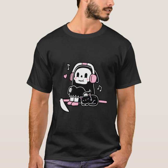 Cute Grim Reaper Taking A Break With Cat Funny Hal T-Shirt (Front)