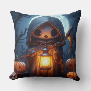 Cute Grim Reaper with Lantern Amid Halloween Pumpk Throw Pillow