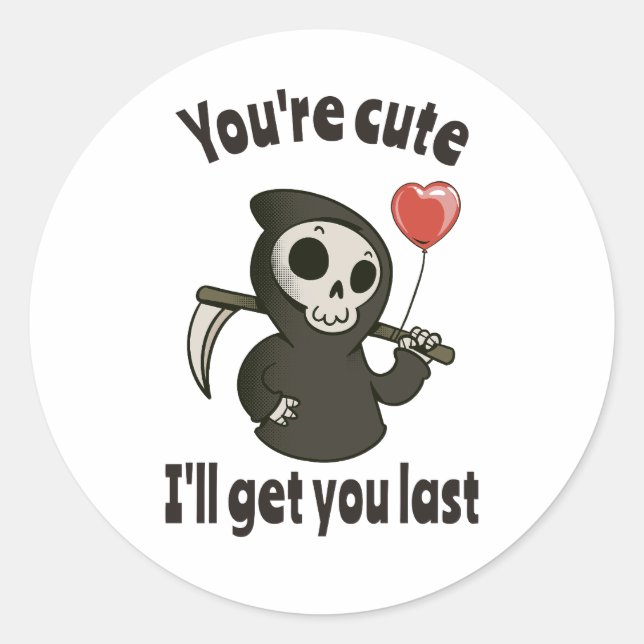 Cute Grim Reaper with romantic heart Classic Round Sticker (Front)