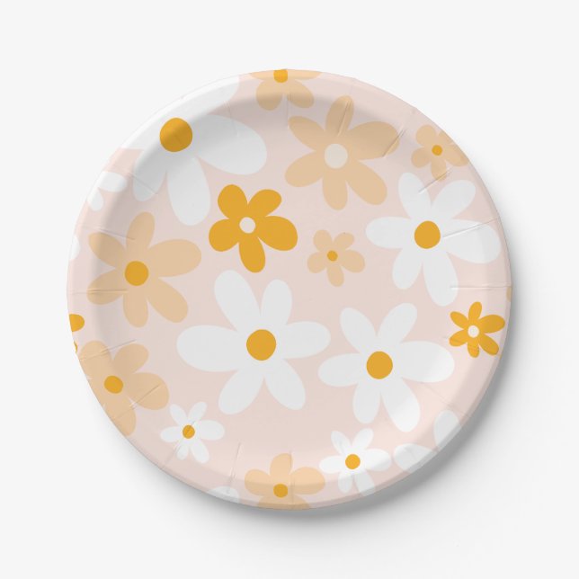 Cute Groovy Boho Pink Yellow Daisy  Paper Plate (Front)