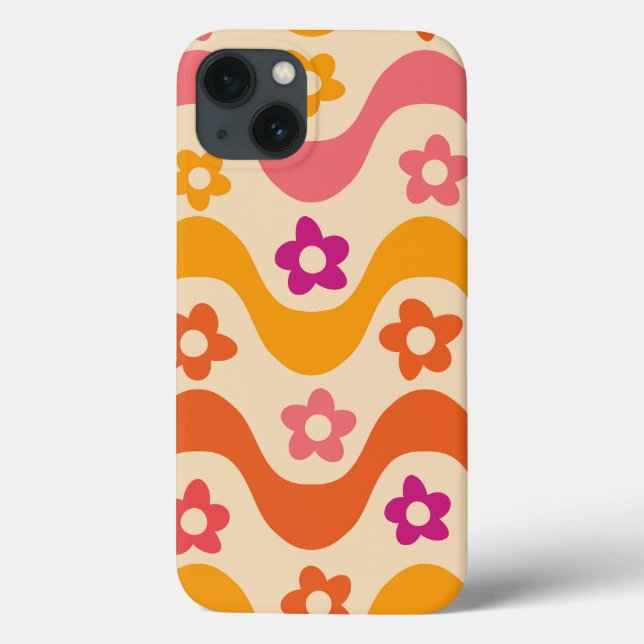 Cute Groovy flowers pattern on retro waves   Case-Mate iPhone Case (Back)