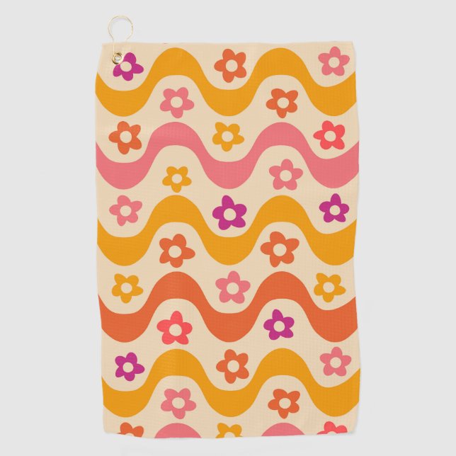 Cute Groovy flowers pattern on retro waves   Golf Towel (Front)