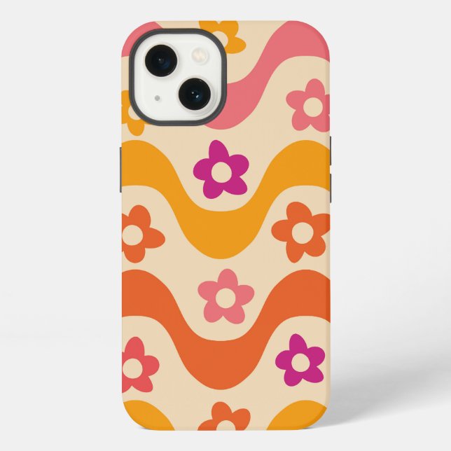 Cute Groovy flowers pattern on retro waves   iPhone Case (Back)