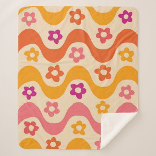 Cute Groovy flowers pattern on retro waves   Sherpa Blanket
