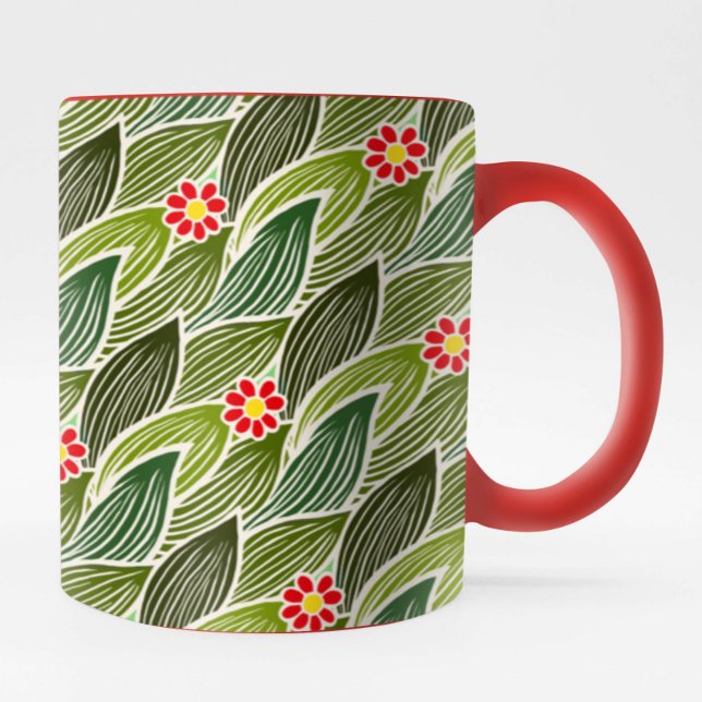  Cute Groovy Hippie Red Green Daisy Floral Pattern Mug (Creator Uploaded)