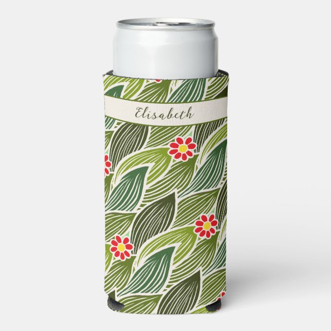  Cute Groovy Hippie Red Green Daisy Floral Pattern Seltzer Can Cooler (Seltzer Front)
