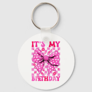 Cute Groovy Its My Birthday Coquette Bow Girls Wom Keychain