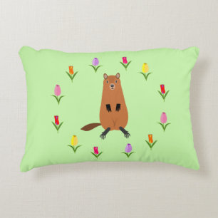 Cute Groundhog and Tulip Flowers Accent Pillow