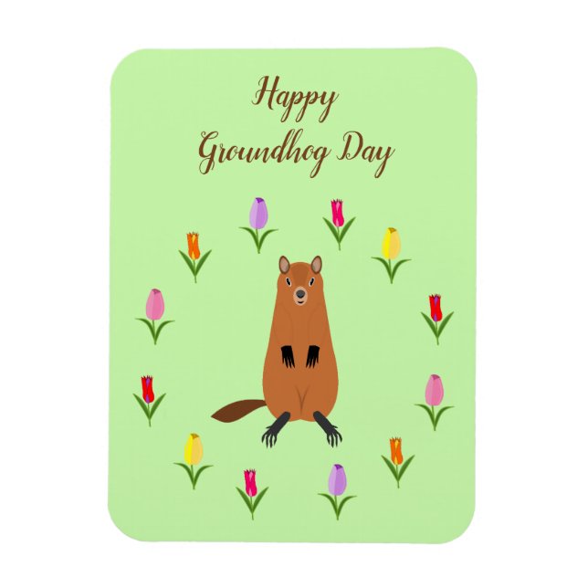 Cute Groundhog and Tulip Flowers Custom Magnet (Vertical)