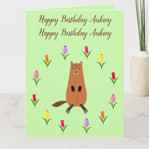 Cute Groundhog and Tulip Flowers Funny Birthday Card