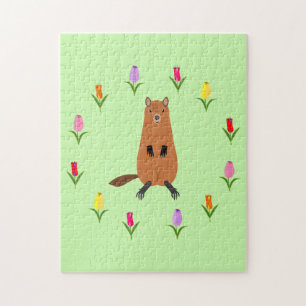 Cute Groundhog and Tulip Flowers Jigsaw Puzzle