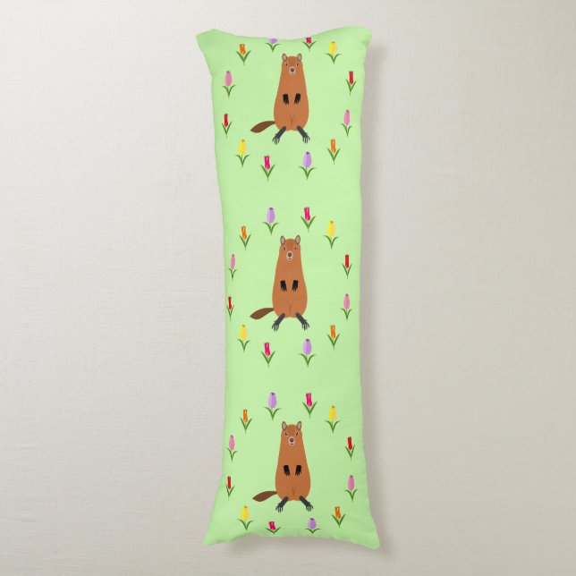 Cute Groundhog and Tulip Flowers Patterned Body Pillow (Front Vertical)