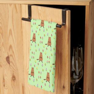 Cute Groundhog and Tulip Flowers Patterned Kitchen Towel
