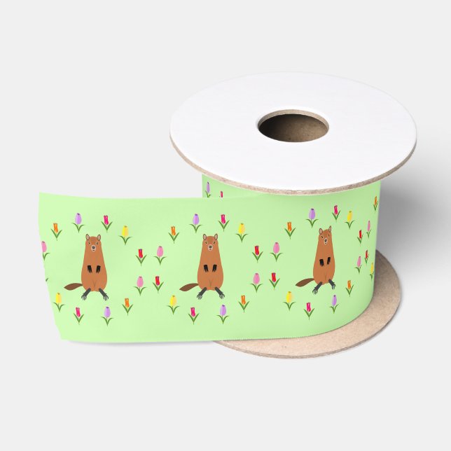 Cute Groundhog and Tulip Flowers Patterned Satin Ribbon (Spool)