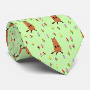 Cute Groundhog and Tulip Flowers Patterned Tie