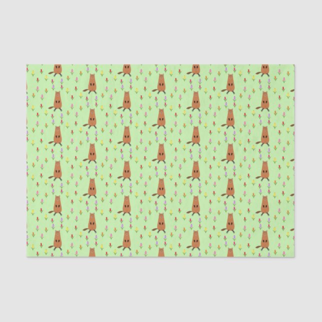 Cute Groundhog and Tulip Flowers Patterned Tissue Paper (Front)