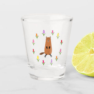 Cute Groundhog and Tulip Flowers Shot Glass