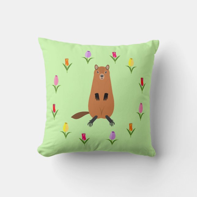 Cute Groundhog and Tulip Flowers Throw Pillow (Front)