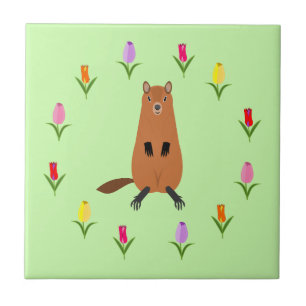 Cute Groundhog and Tulip Flowers Tile