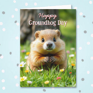 Cute Groundhog Day   Groundhog in Grass & Flowers Card