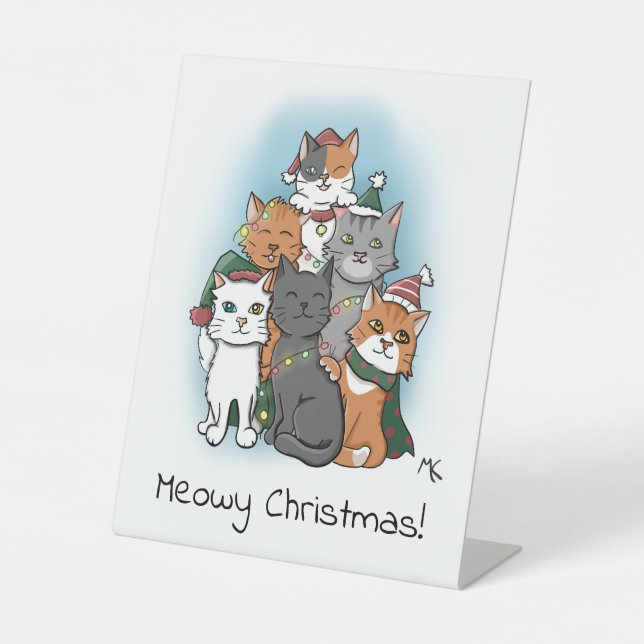 Cute Group Picture of Cartoon Cats Pedestal Sign (Front)