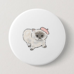 Cute Grumpy Cat Wearing Pink Beret Hand Drawn Art 3 Inch Round Button